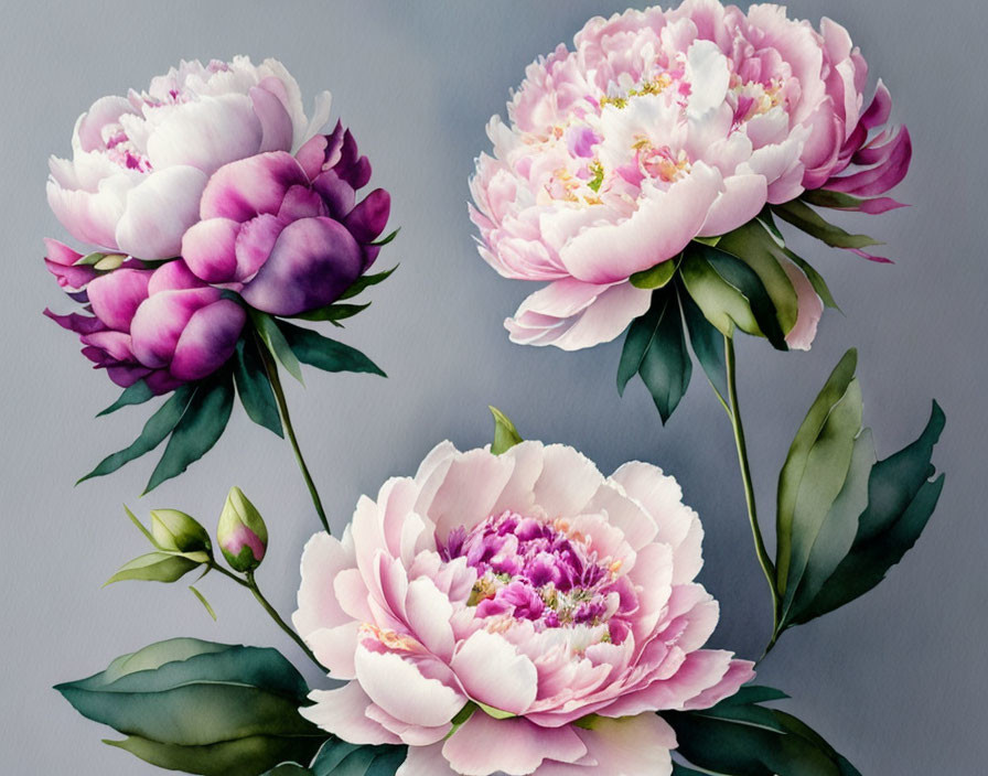 Vibrant pink and white peonies with green leaves on gray backdrop