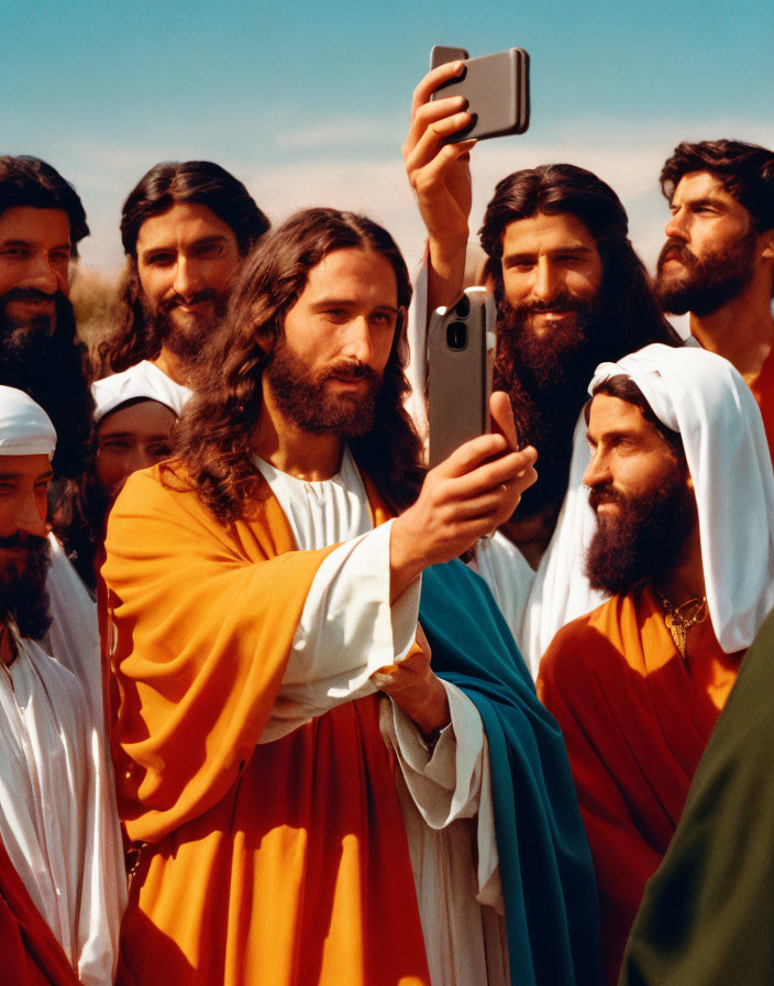 Historical figure in selfie with group in ancient robes against blue sky