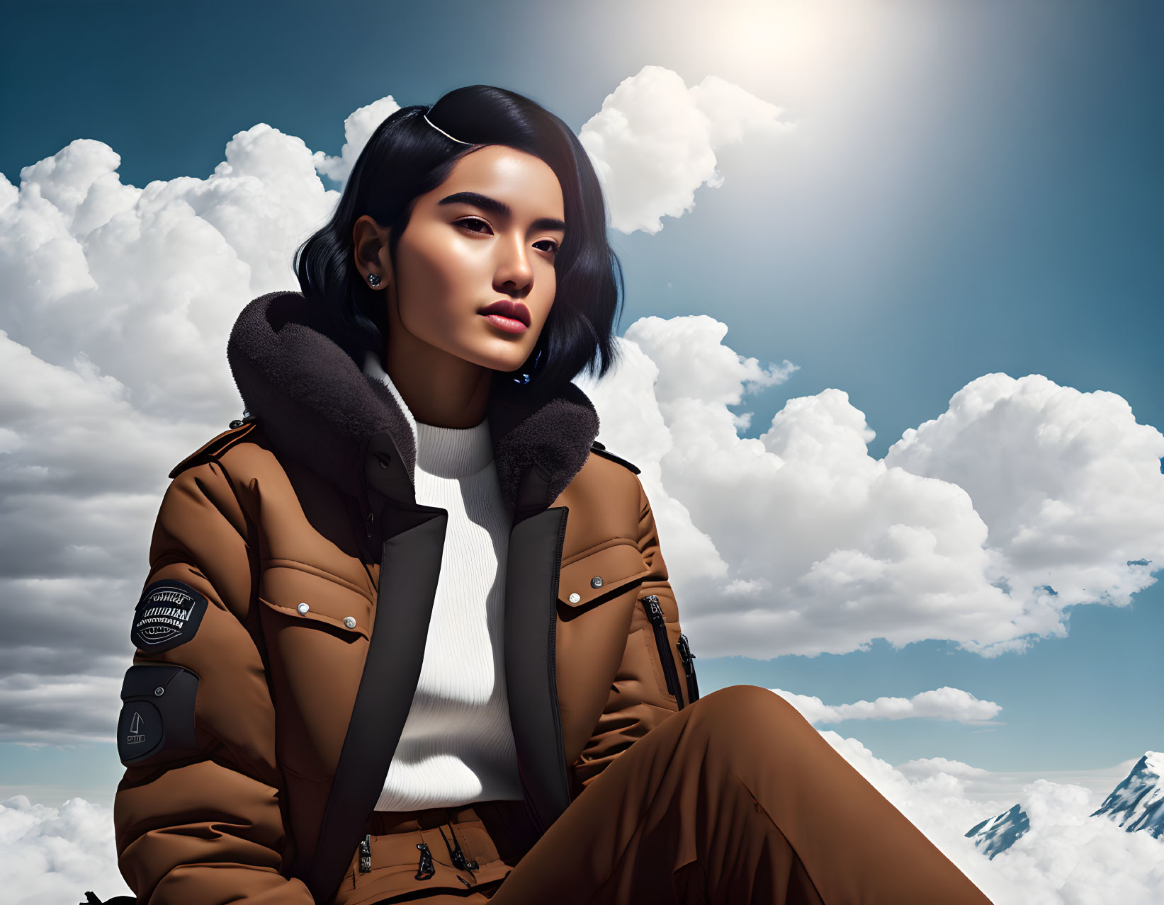 Digital illustration: Woman in brown fur collar jacket, gazing at mountains