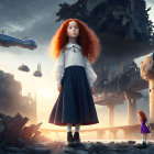 Red-haired young girl in surreal dystopian landscape with floating debris and miniature version.