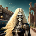 Fantasy illustration of skeleton-faced figure in armor with steam train and ruins.