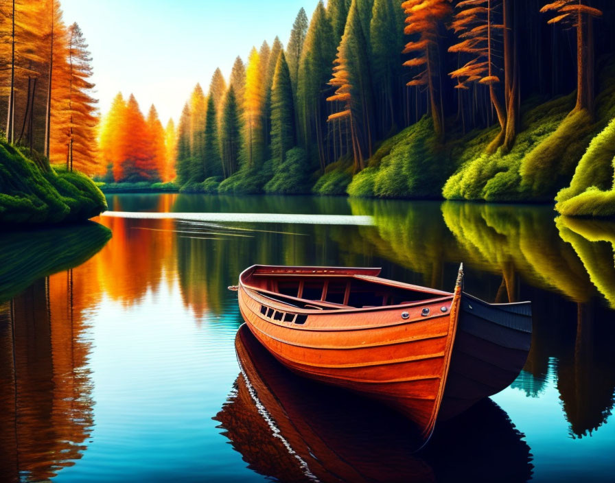 Tranquil lake scene with wooden boat, autumn trees, and clear sky