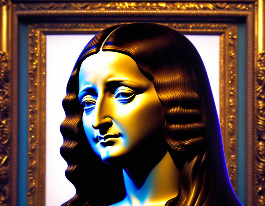 Stylized 3D rendering of Mona Lisa with blue and orange gradient