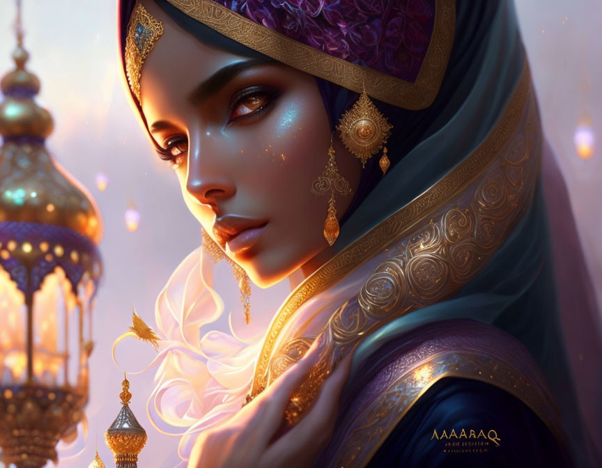 Close-Up Digital Painting of Woman in Decorated Hijab & Gold Jewelry