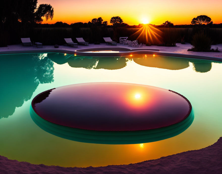 Tranquil Pool Sunset Scene with Round Lounger and Sand