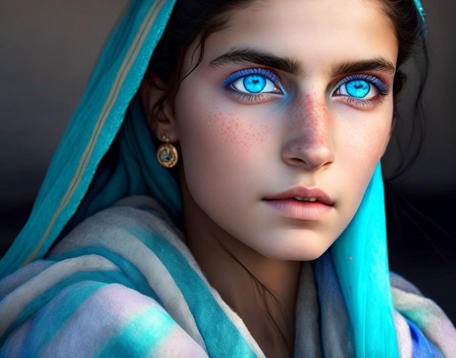 Young person with blue eyes and freckles wearing blue shawl and earring.