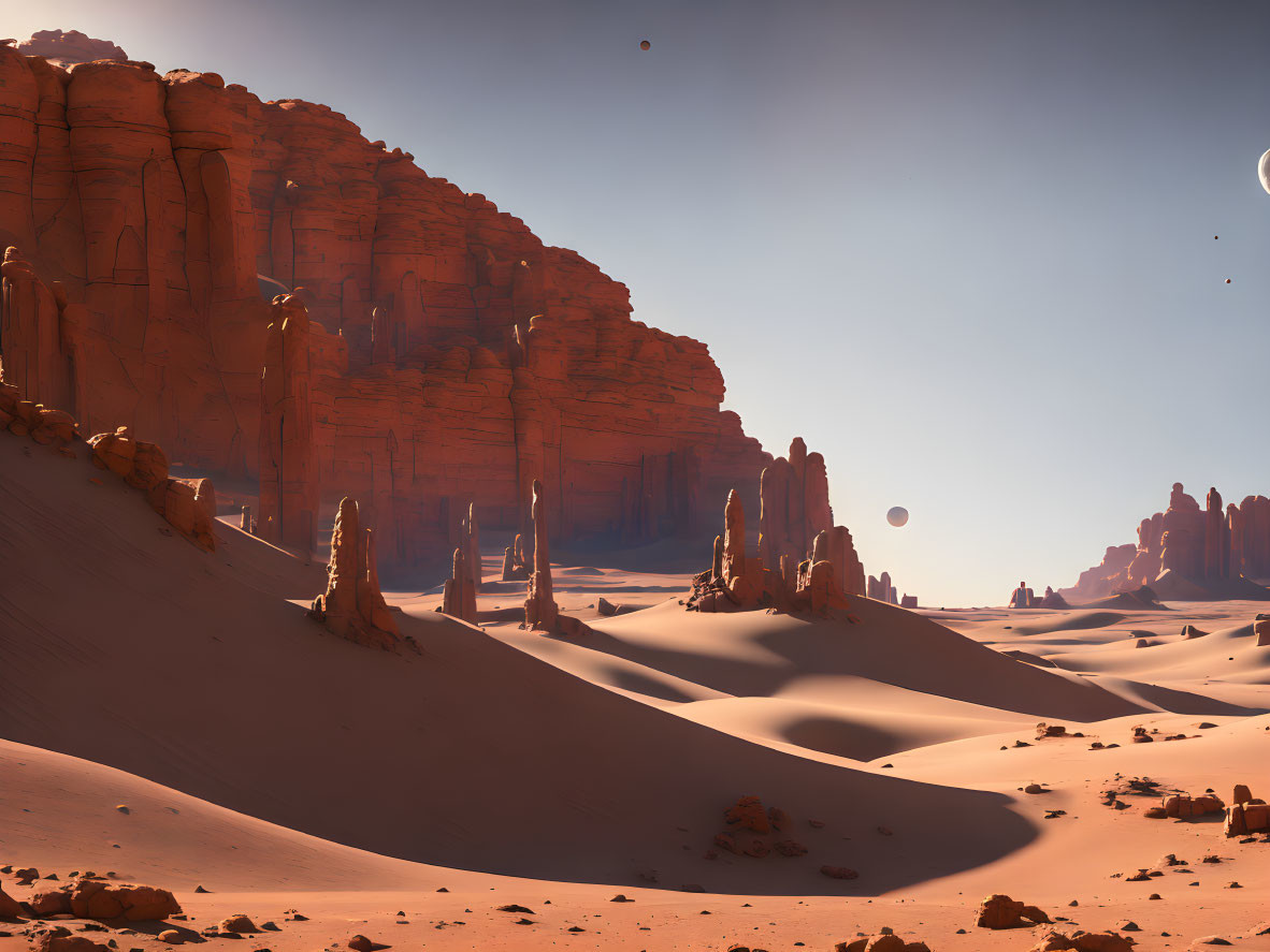 Desert Landscape with Rock Formations, Sand Dunes, and Multiple Moons