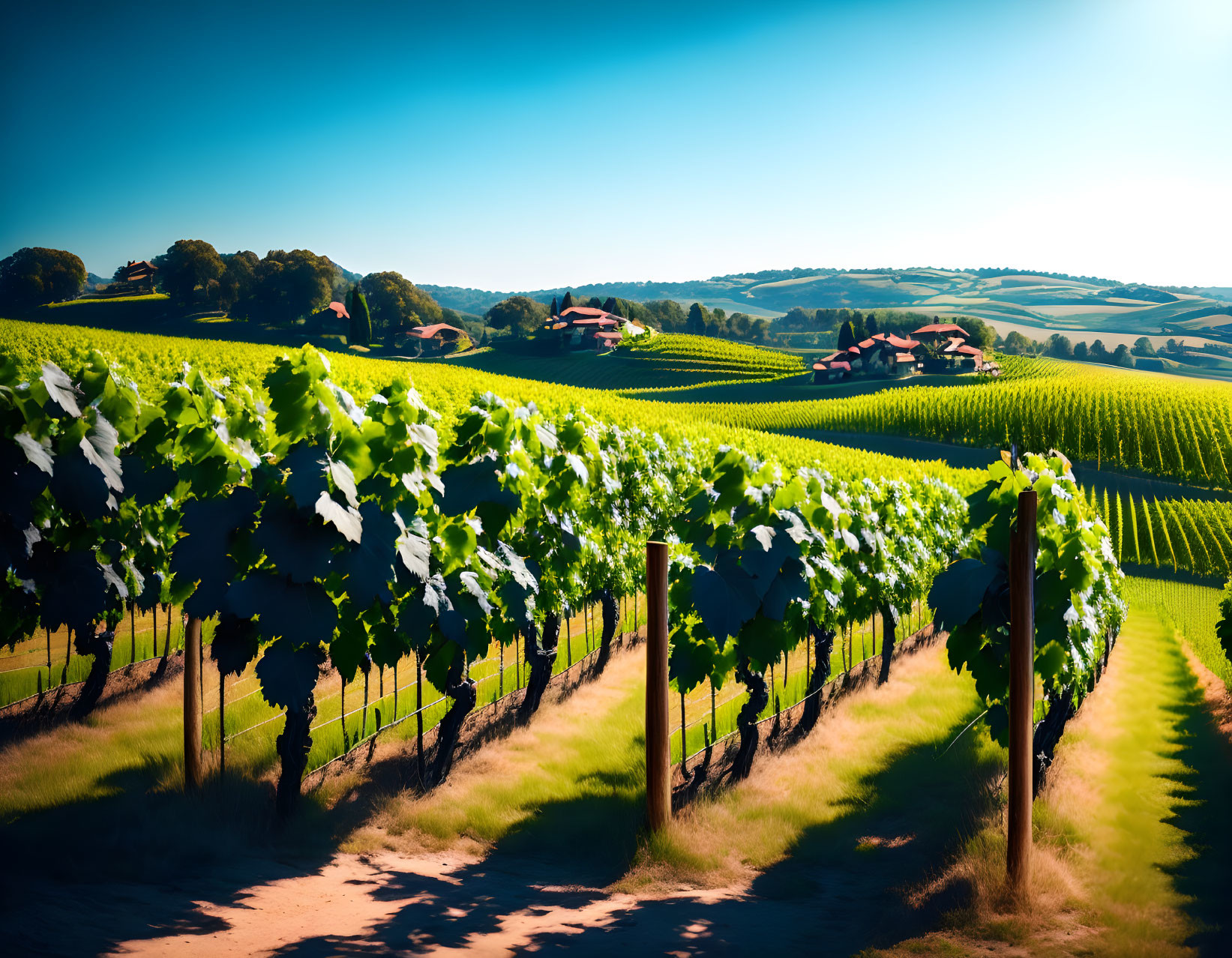 Scenic vineyard landscape under clear blue sky