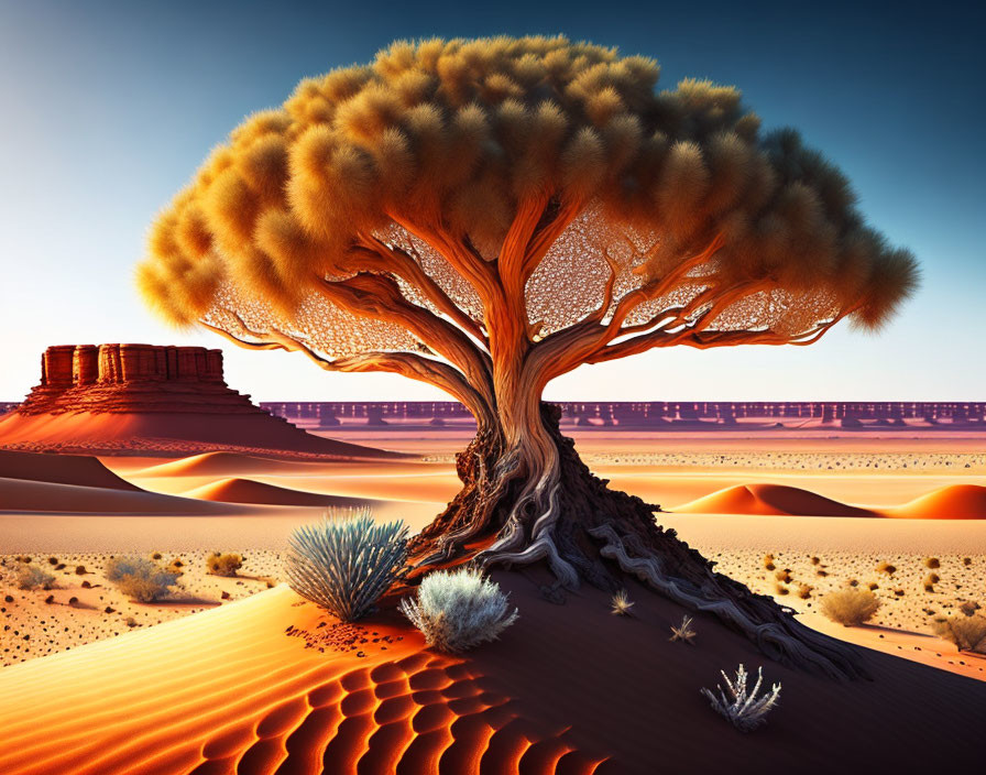 Lush tree in desert dunes with mesa backdrop