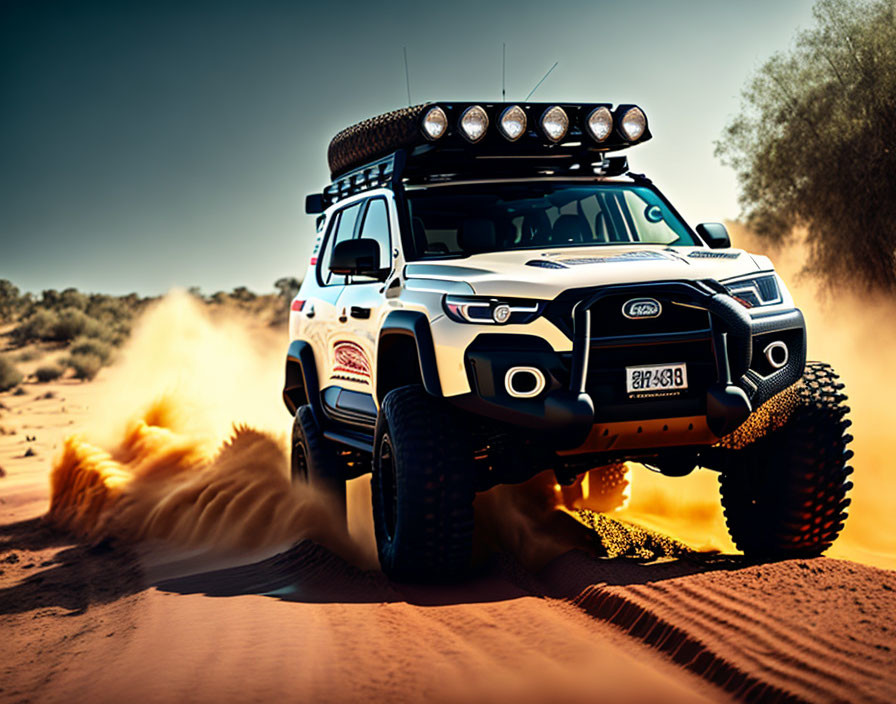 Off-road vehicle racing through desert under clear blue sky