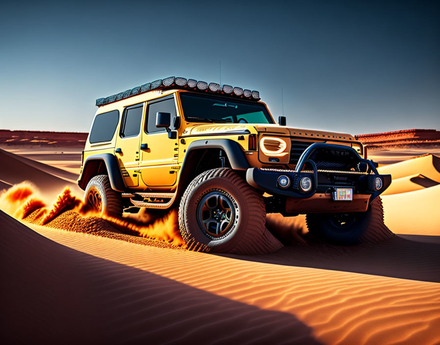 Yellow off-road vehicle driving through sandy desert dune at sunset