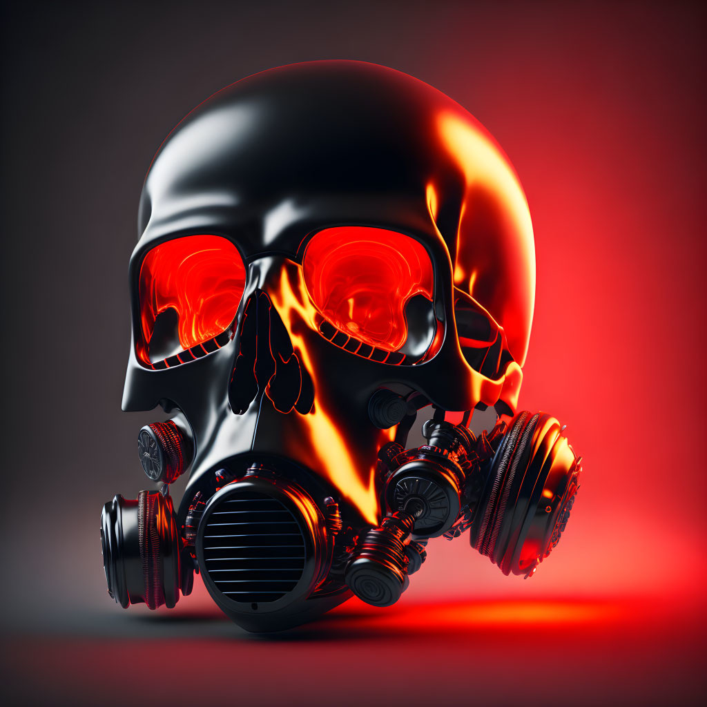 Glossy Black Skull with Mechanical Parts and Glowing Red Eyes on Fiery Red Background