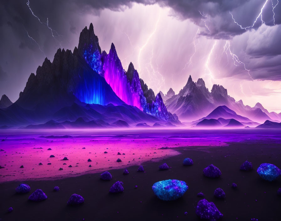 Stormy Sky Over Jagged Mountains with Purple Hues and Lightning