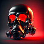 Glossy Black Skull with Mechanical Parts and Glowing Red Eyes on Fiery Red Background