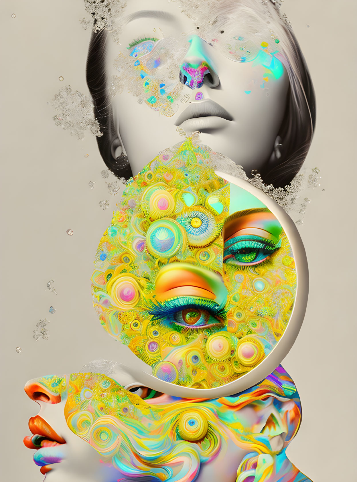 Surreal artwork: Fragmented female face with monochrome and vibrant, psychedelic patterns