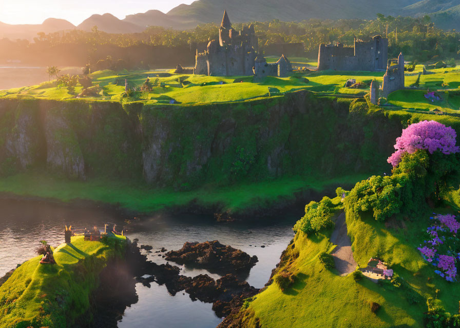 Ancient castle ruins on cliff above river in lush green landscape