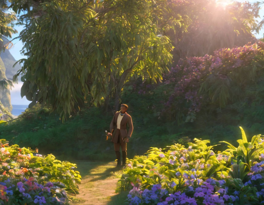 Man in Suit Surrounded by Blooming Flowers and Scenic Landscape