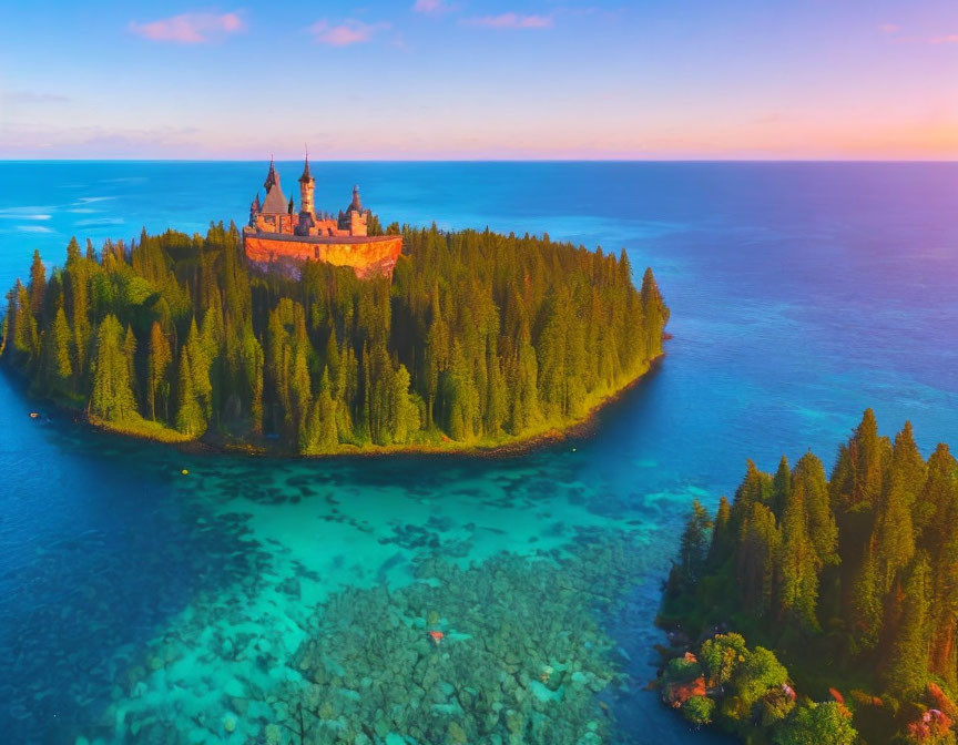 Fairytale castle on forested island in turquoise sea at sunset