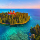 Fairytale castle on forested island in turquoise sea at sunset