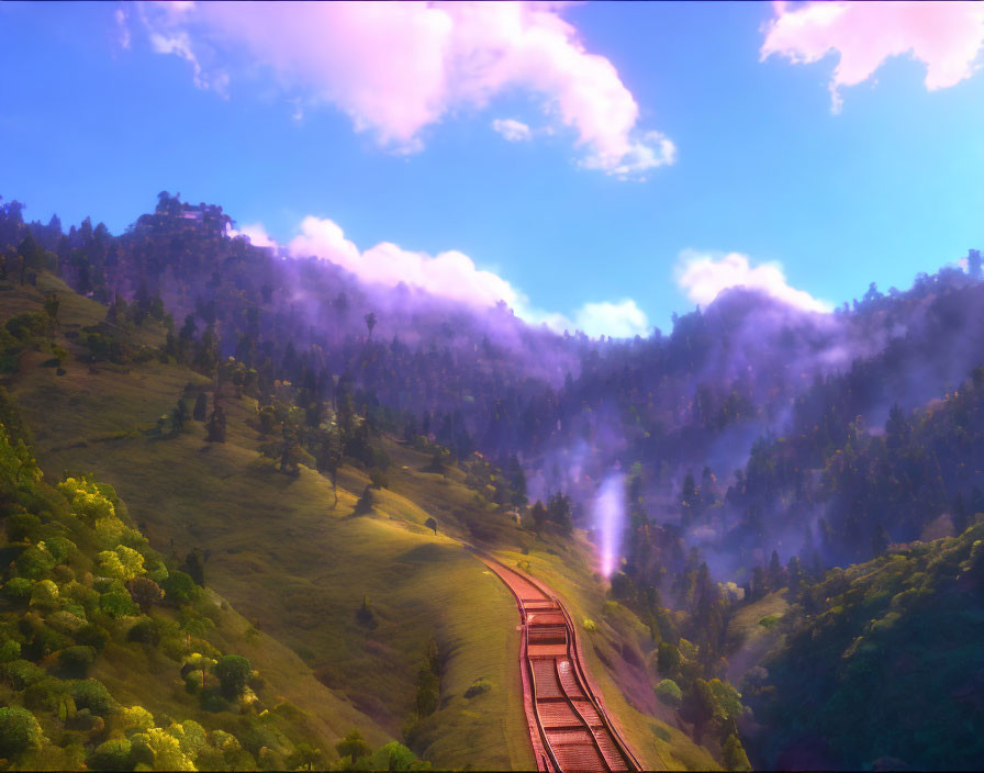 Scenic train track through misty green hills at sunrise or sunset