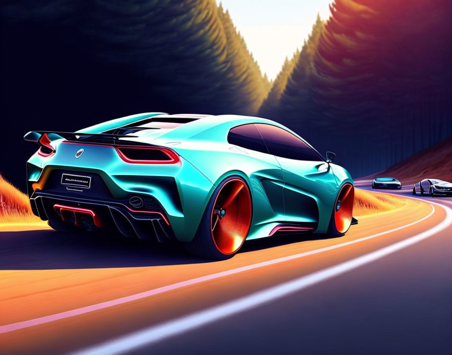 Vibrant teal sports car with orange wheels driving through forest at sunset