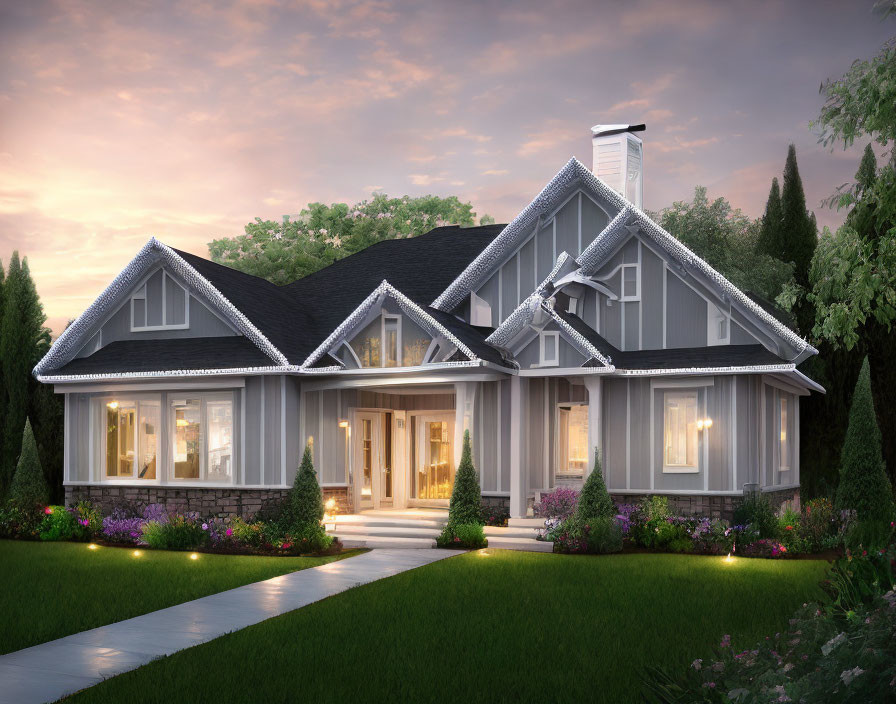 Spacious suburban house with gabled roof and landscaped garden at dusk