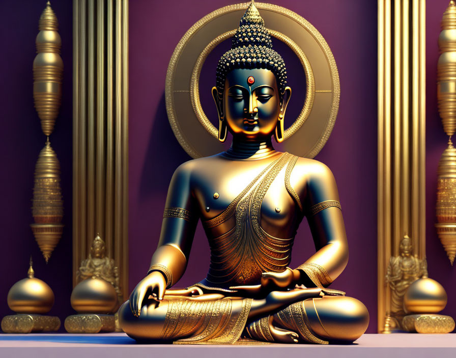 Golden Buddha Statue in Meditation Against Purple Background