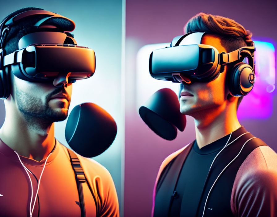 Two people in VR headsets and headphones against dual-tone background.