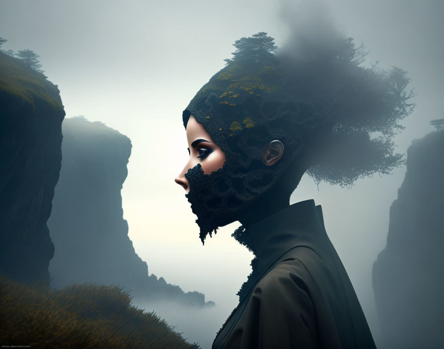 Person with Landscape Head: Surreal Artwork of Cliffs and Mist