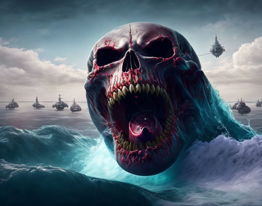 Monstrous skull emerging from ocean waves with ships and city approaching