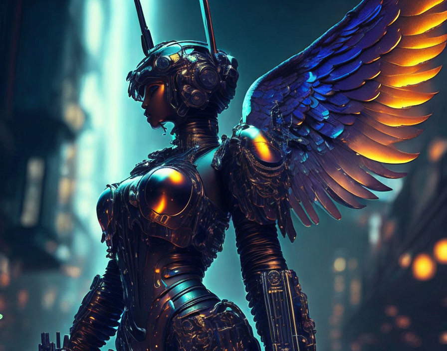 Futuristic robotic angel with mechanical wings in neon-lit cityscape