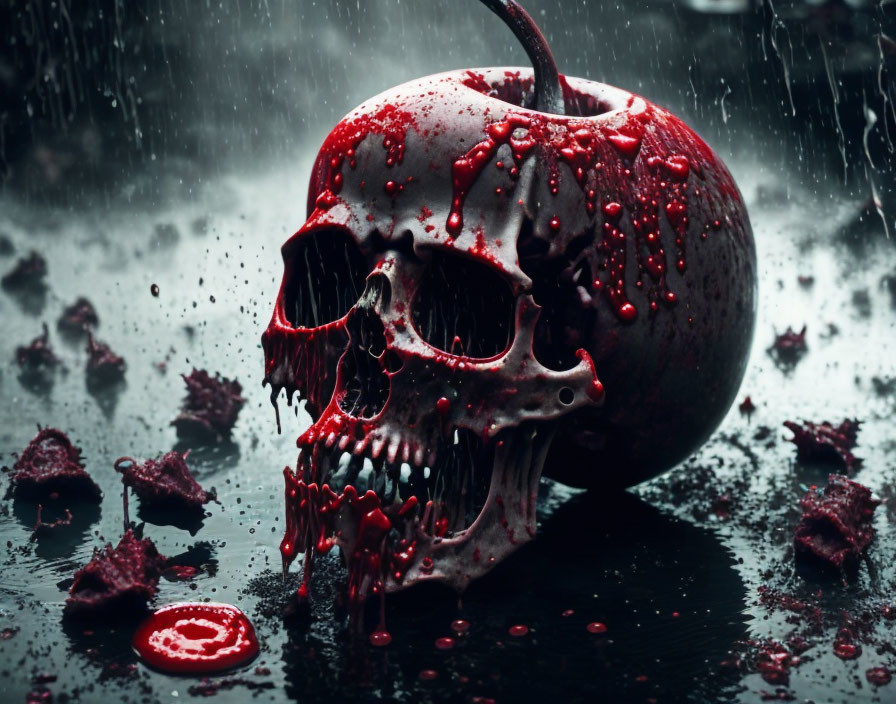 Macabre skull-shaped apple with dripping red substance on rainy backdrop