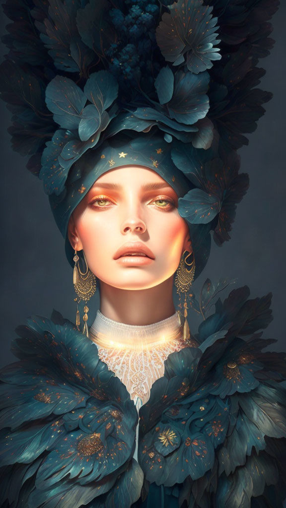 Digital artwork of woman with blue feathered headdress and earrings in warm lighting