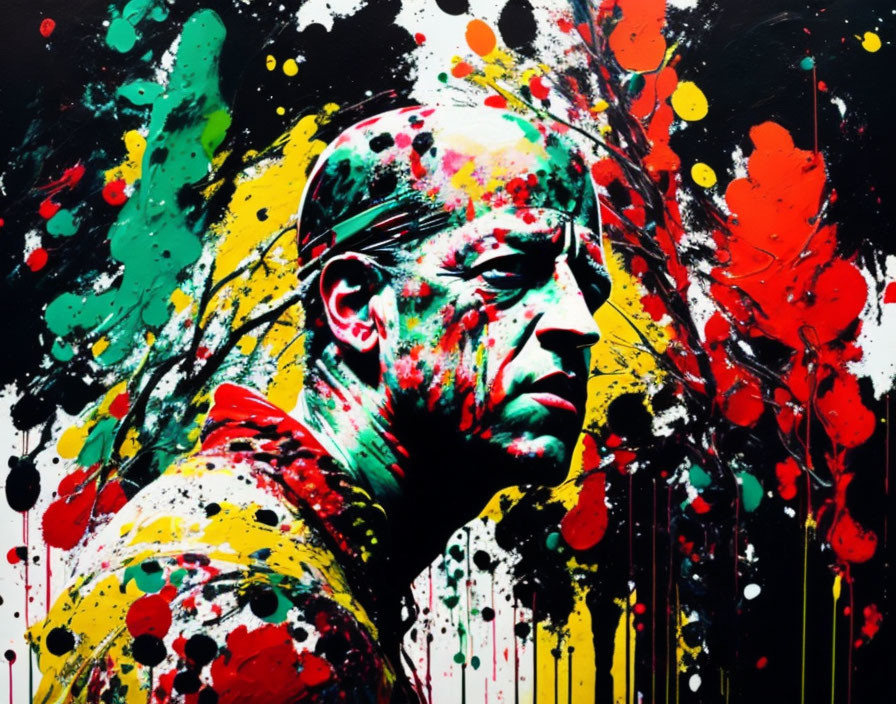 Vibrant abstract painting of a man's profile in red, yellow, and black