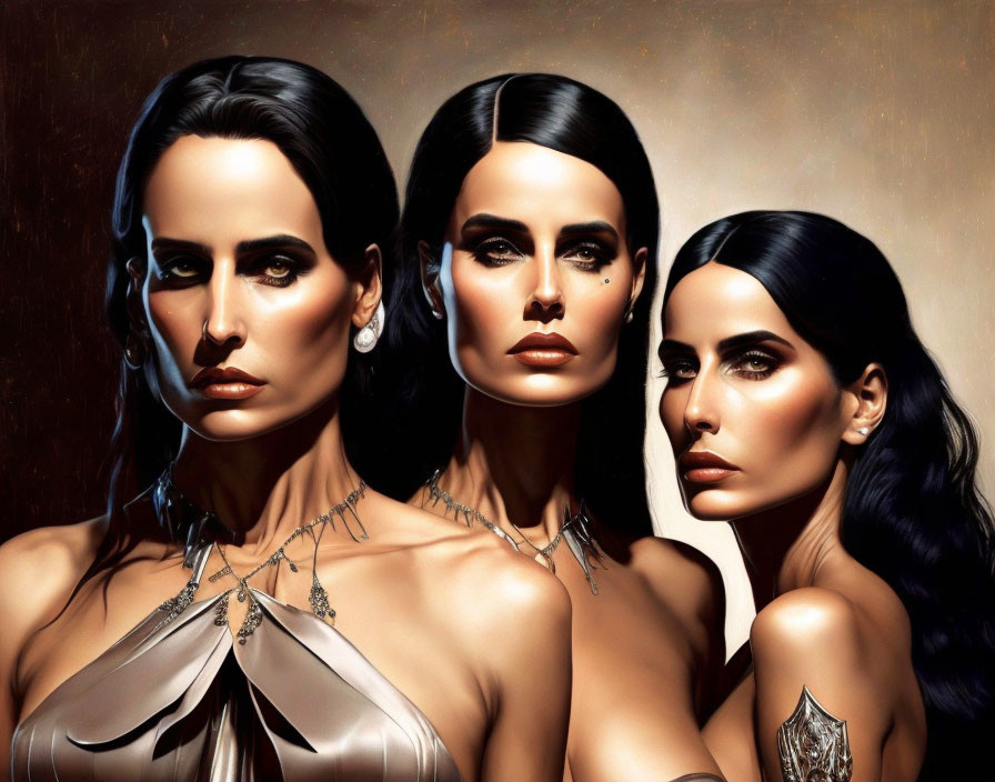 Three Women with Similar Features in Glamorous Makeup and Sleek Hair on Warm Background