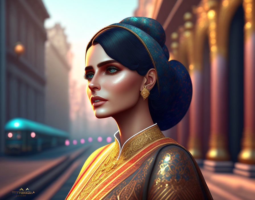 Woman in headscarf and traditional attire in futuristic cityscape.