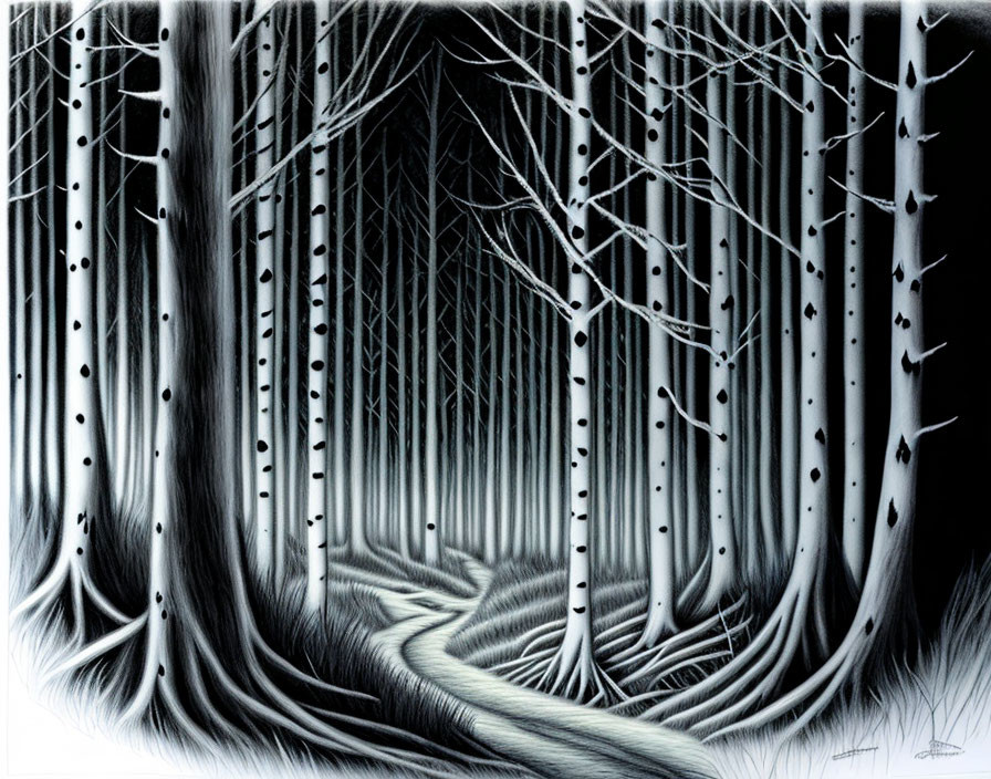 Monochromatic drawing of dense mystical forest with tall trees and narrow path