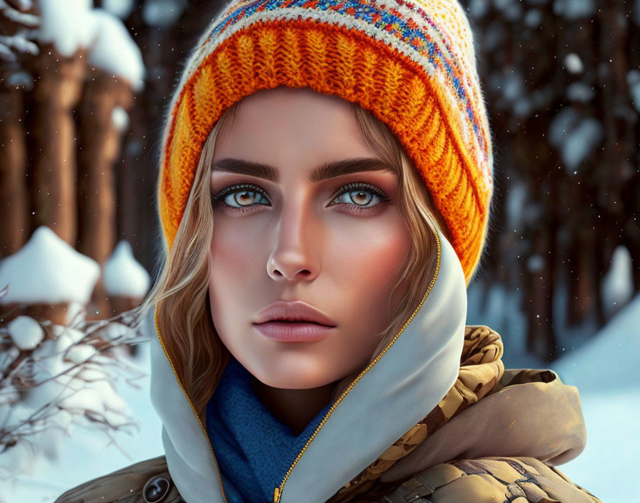 Woman with Blue Eyes in Colorful Knitted Hat and Winter Clothes Among Snowy Trees