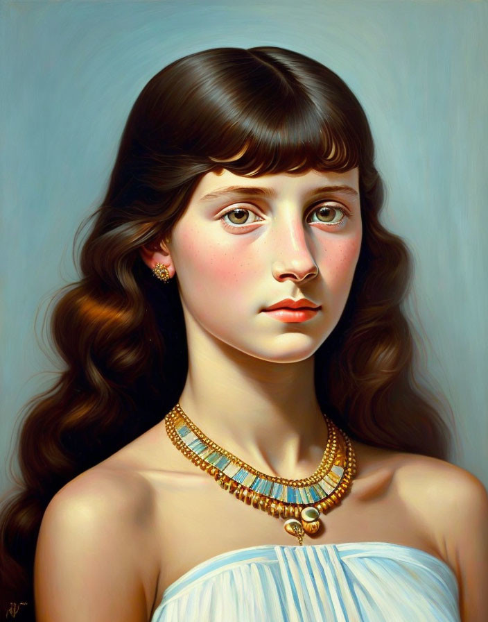 Portrait of young girl with wavy brown hair and gold jewelry on light background