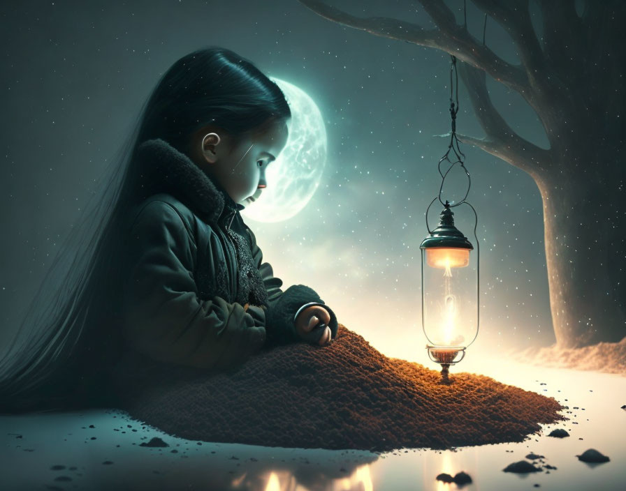 Child Sitting Under Tree with Glowing Lantern and Full Moon