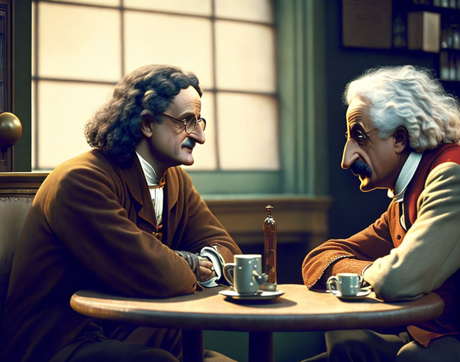 Animated Figures Resembling Albert Einstein Chat in Library