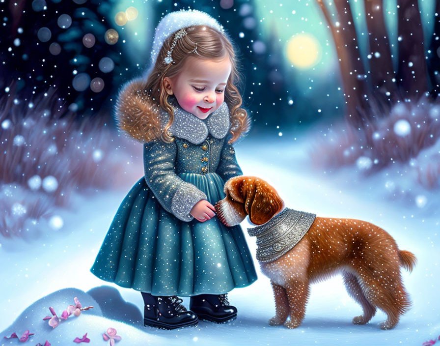 Young girl in winter coat petting friendly dog in snowy landscape