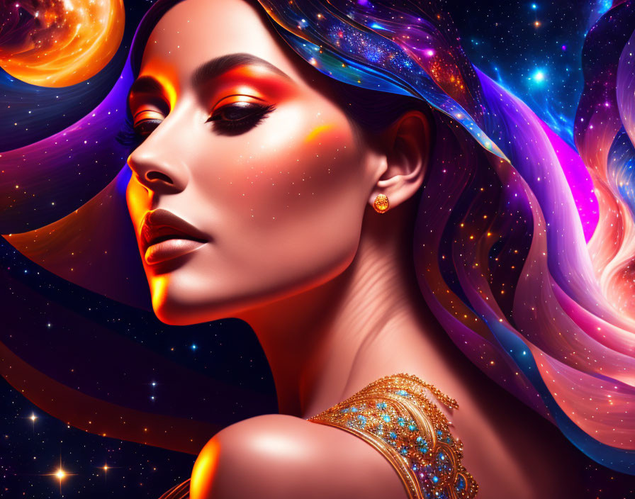 Digital Art: Woman with Cosmic Makeup in Universe Backdrop