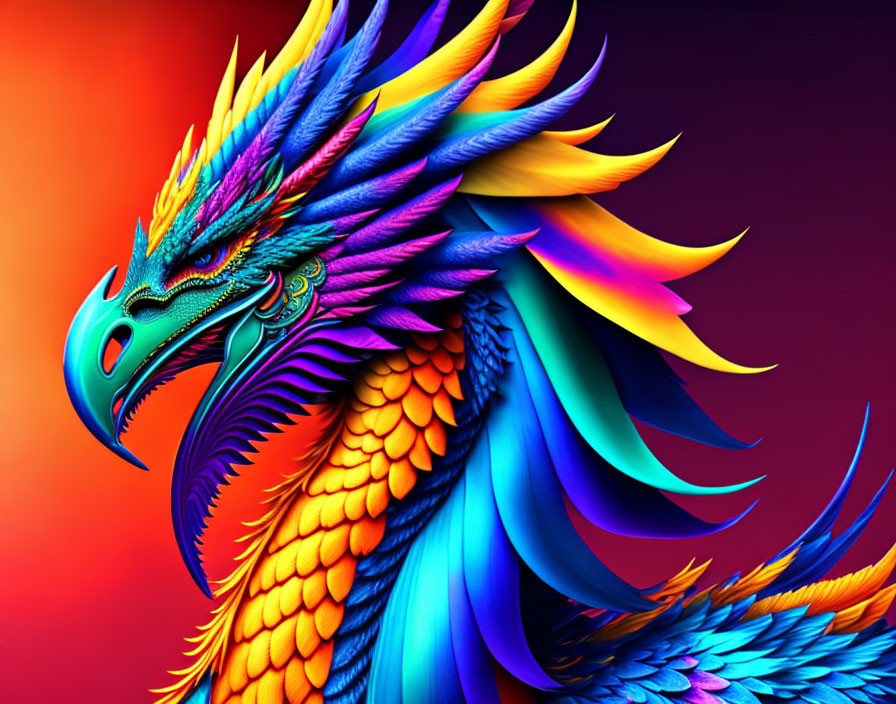 Colorful dragon digital art with intricate scales and feathers on red-orange gradient.