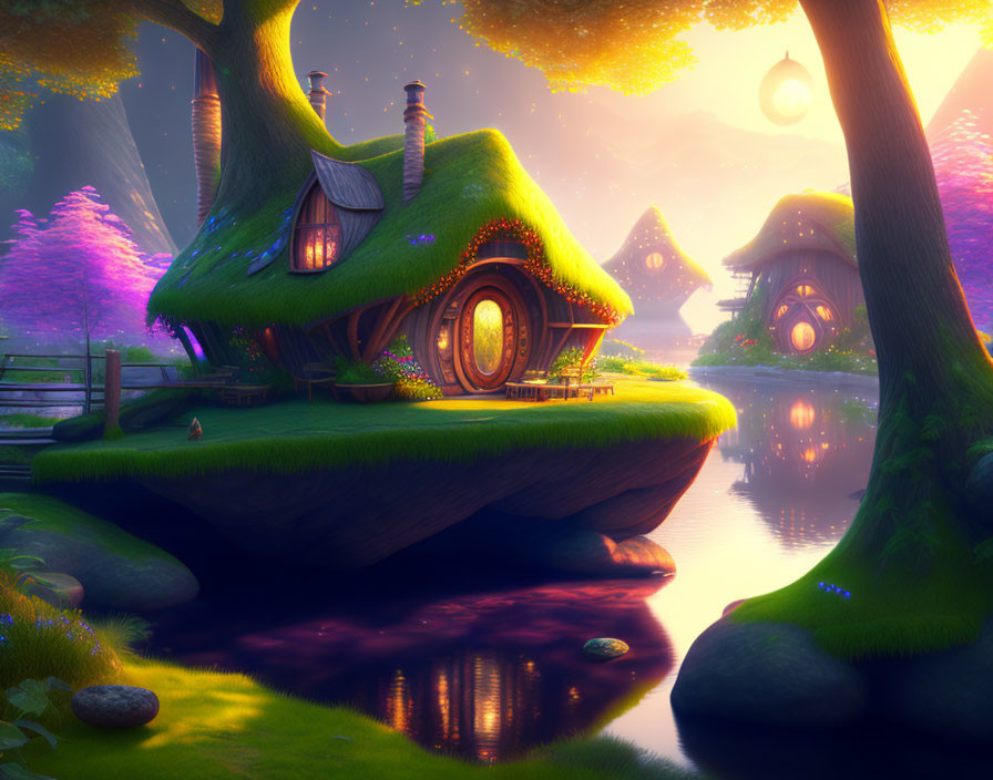 Serene landscape with whimsical mushroom-like cottages in glowing, purplish ambiance