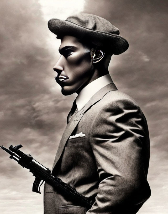 Vintage Gangster Man in Suit with Submachine Gun in Sepia Tone