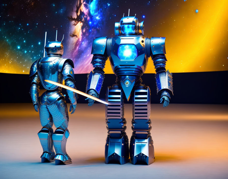 Futuristic robots with glowing sword in cosmic backdrop