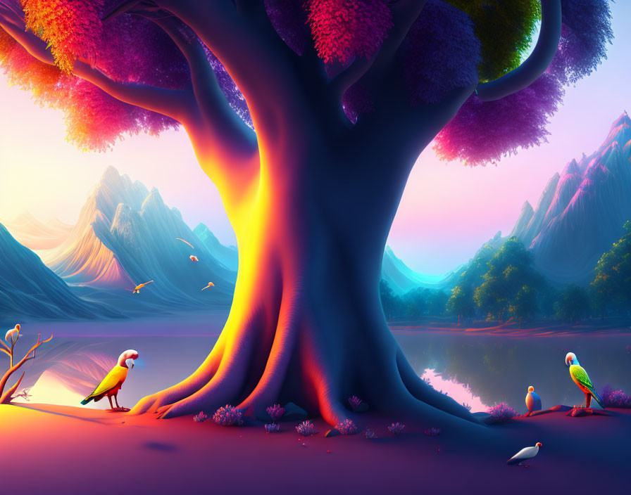 Colorful Fantasy Landscape with Magical Tree, Exotic Birds, Lake, and Mountains