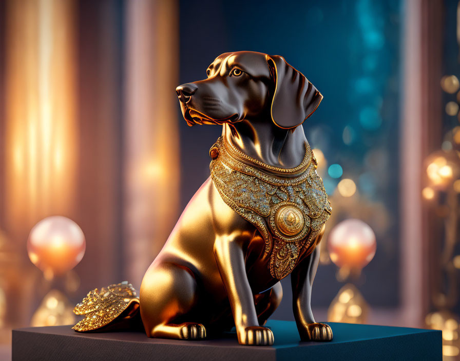 Intricately adorned golden seated dog statue in warm bokeh setting