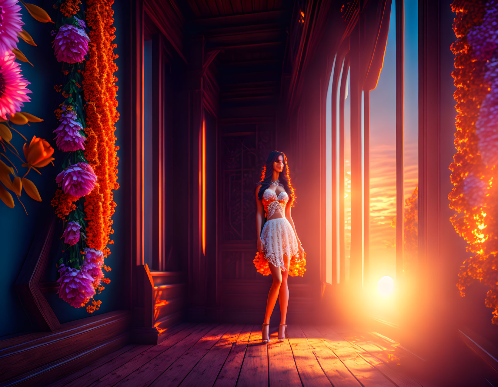 Woman in white dress with flowers in wooden corridor at sunset